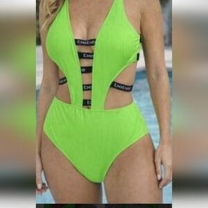 NWT Bebe Neon Green One Piece Swimsuit Medium Ribbed Cutout Monokini Logo Straps